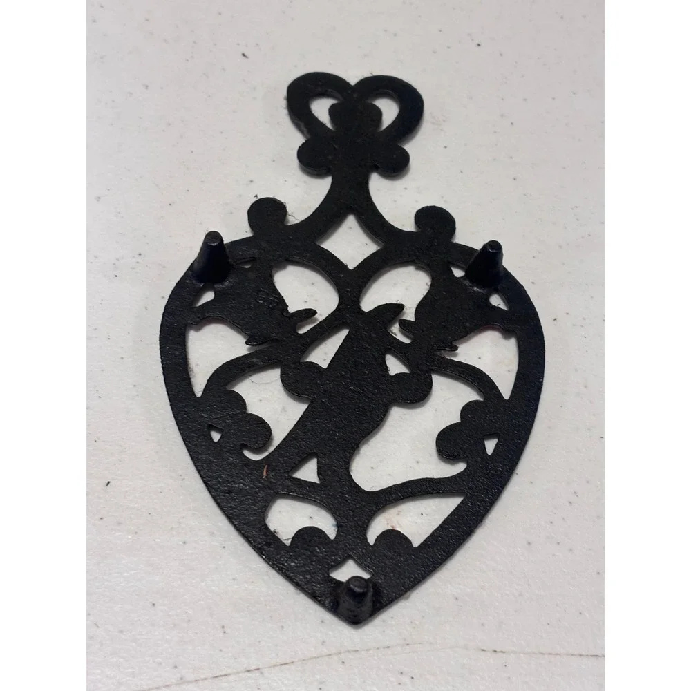 Vintage Cast Iron Trivet Heart Blue Bird Red Tulip Folk Art Pennsylvania Dutch
